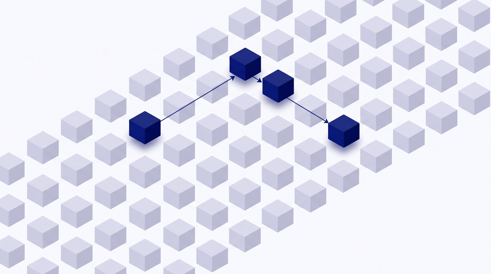 An isometric grid of pale grey blocks representing all the work in a small business, with a handful of blocks picked out in navy and joined by arrows, standing for the few jobs chosen for AI